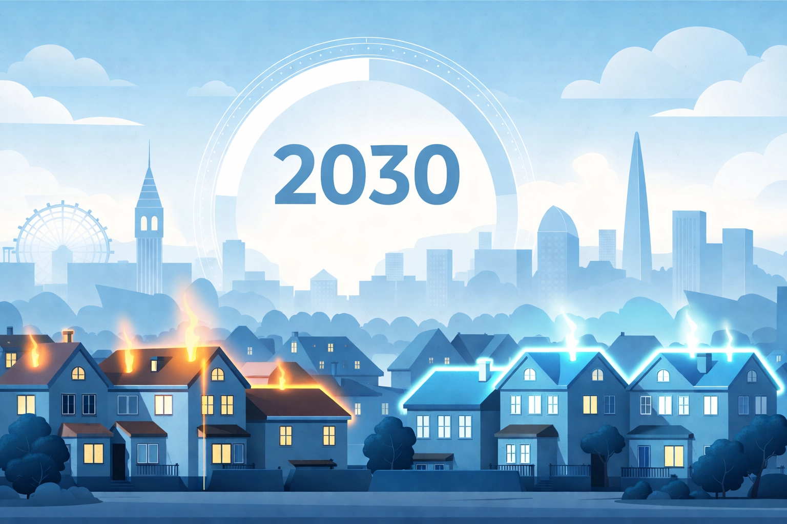 Illustration of UK houses showing heat loss through roofs, highlighting the importance of loft insulation for energy efficiency by 2030.