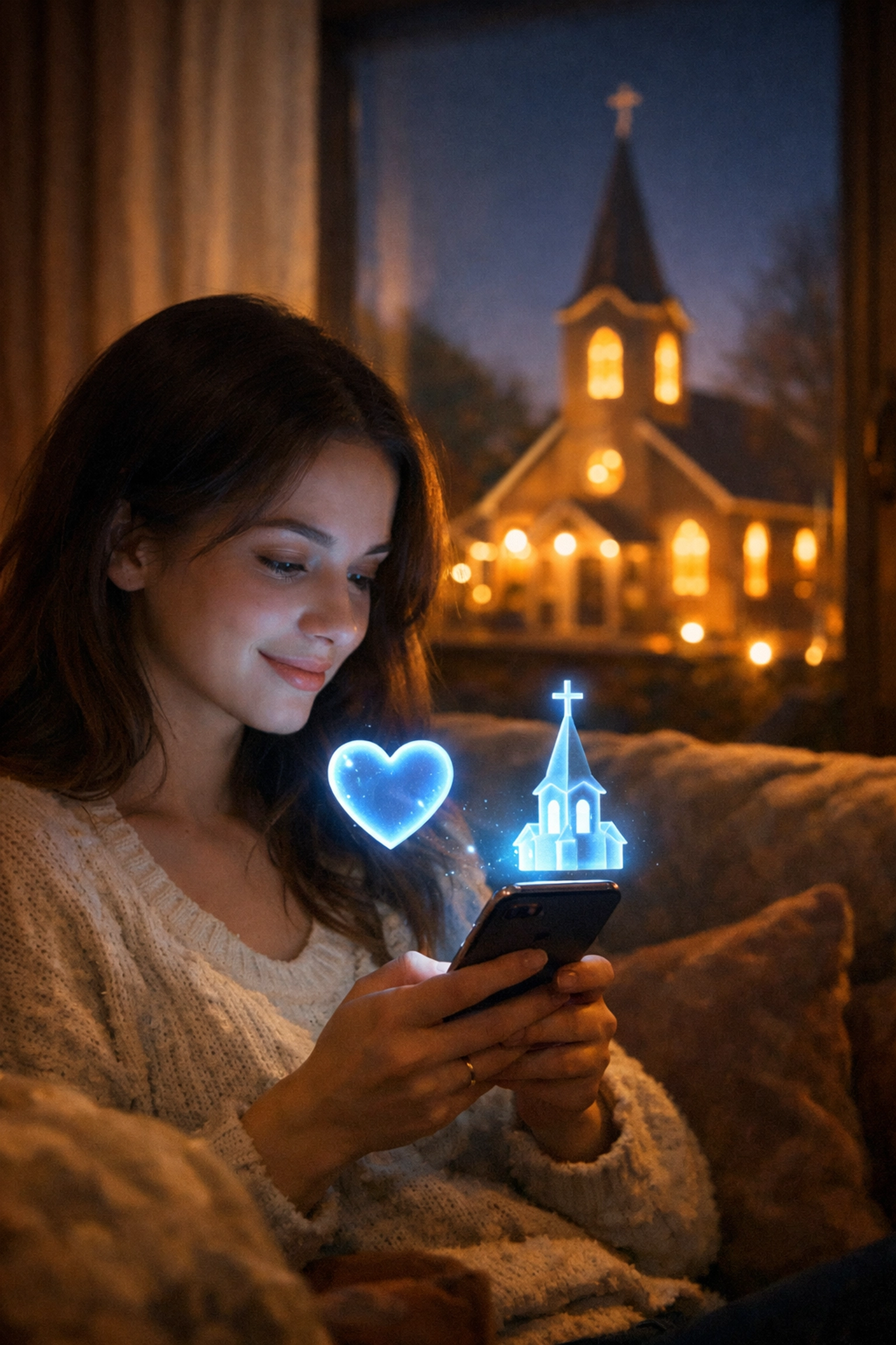 A woman uses a church chatbot on her phone at night to stay connected with her local ministry congregation. A woman uses a church chatbot on her phone at night to stay connected with her local ministry congregation.