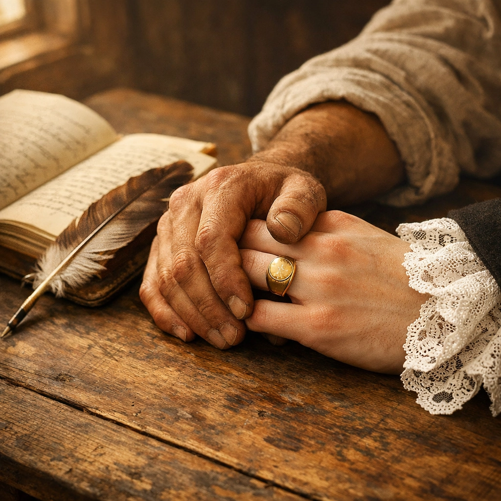 A nobleman and a working-class man hold hands beside a quill, symbolizing class dynamics in historical gay fiction.