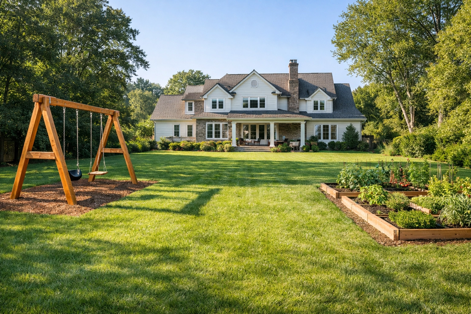 Spacious 50-foot lot backyard with a swing set and garden at Post Oak community in Terrell.