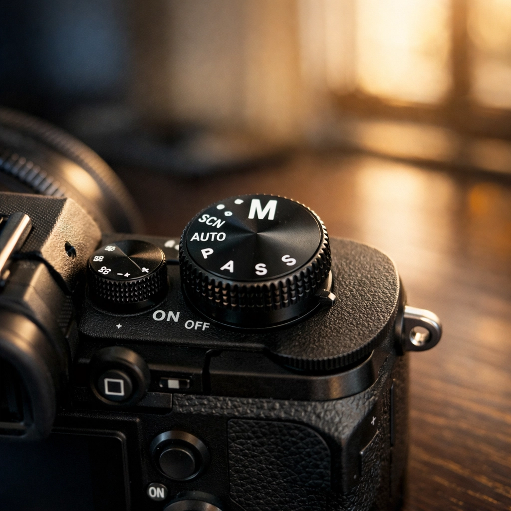 Close-up of a mirrorless camera dial set to Manual Mode for professional photography control.