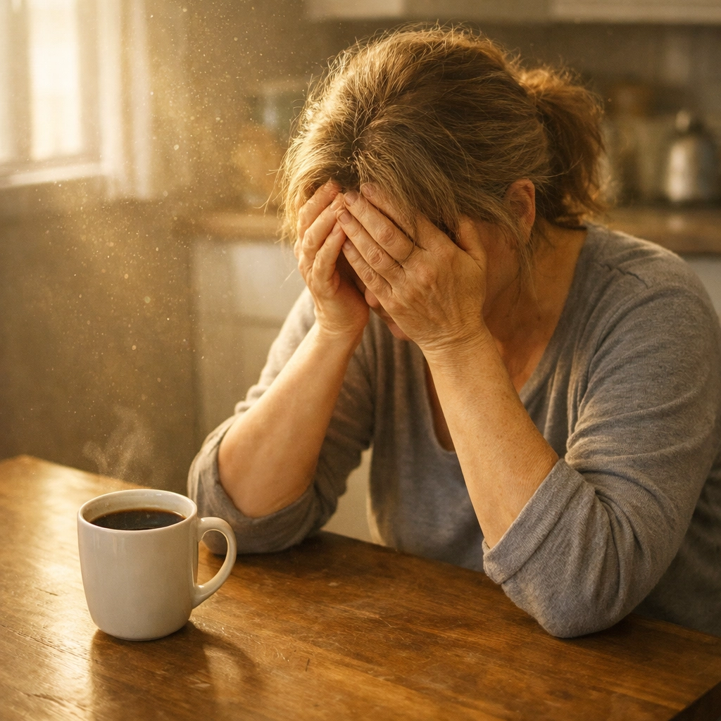 Exhausted family caregiver showing signs of burnout at home