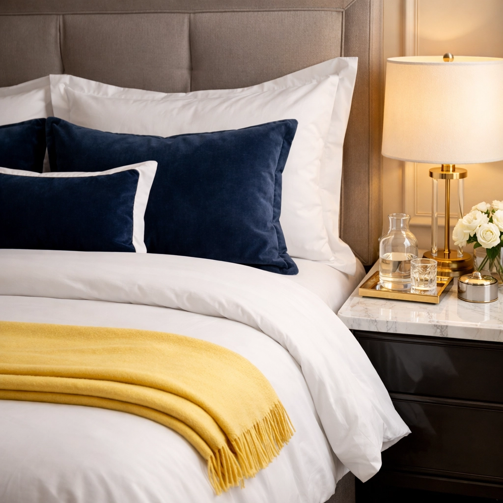 Crisp white linens in a luxury bedroom after a professional deep cleaning to create a high-performance environment.
