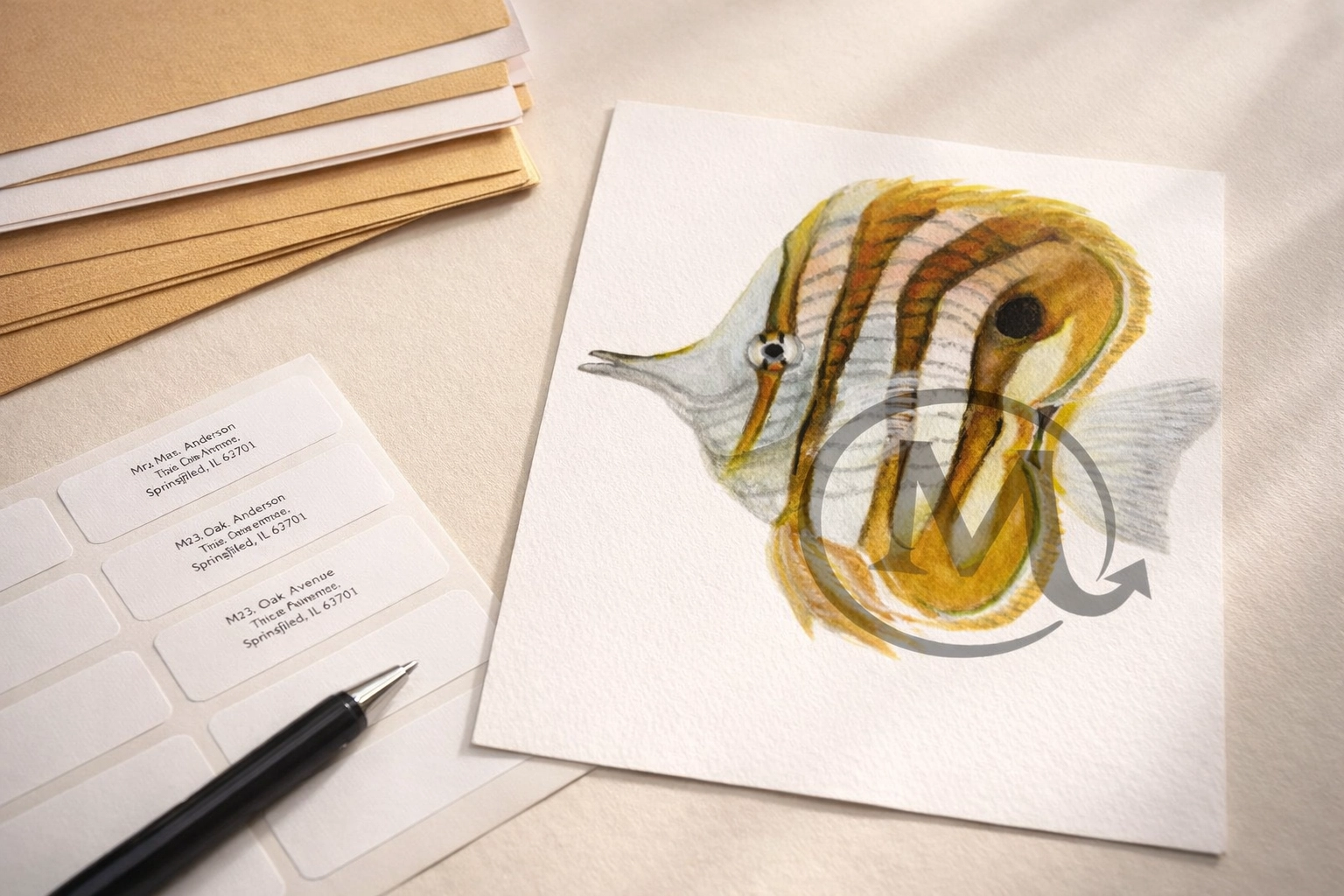 Missy’s watercolor print styled with envelopes and labels for a snail-mail vibe (watermark visible)