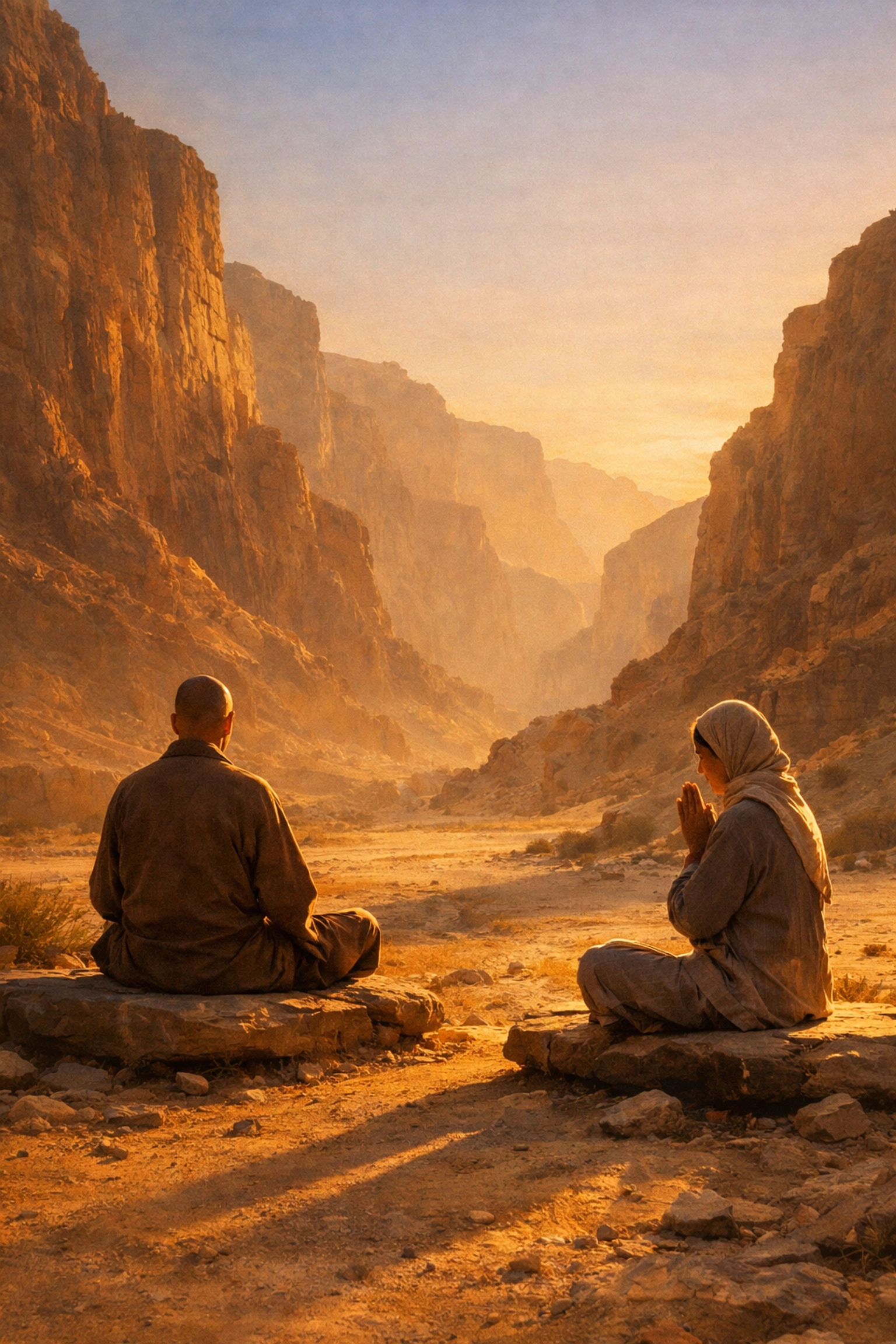 Pilgrims praying in desert canyon during their faith journey through wilderness