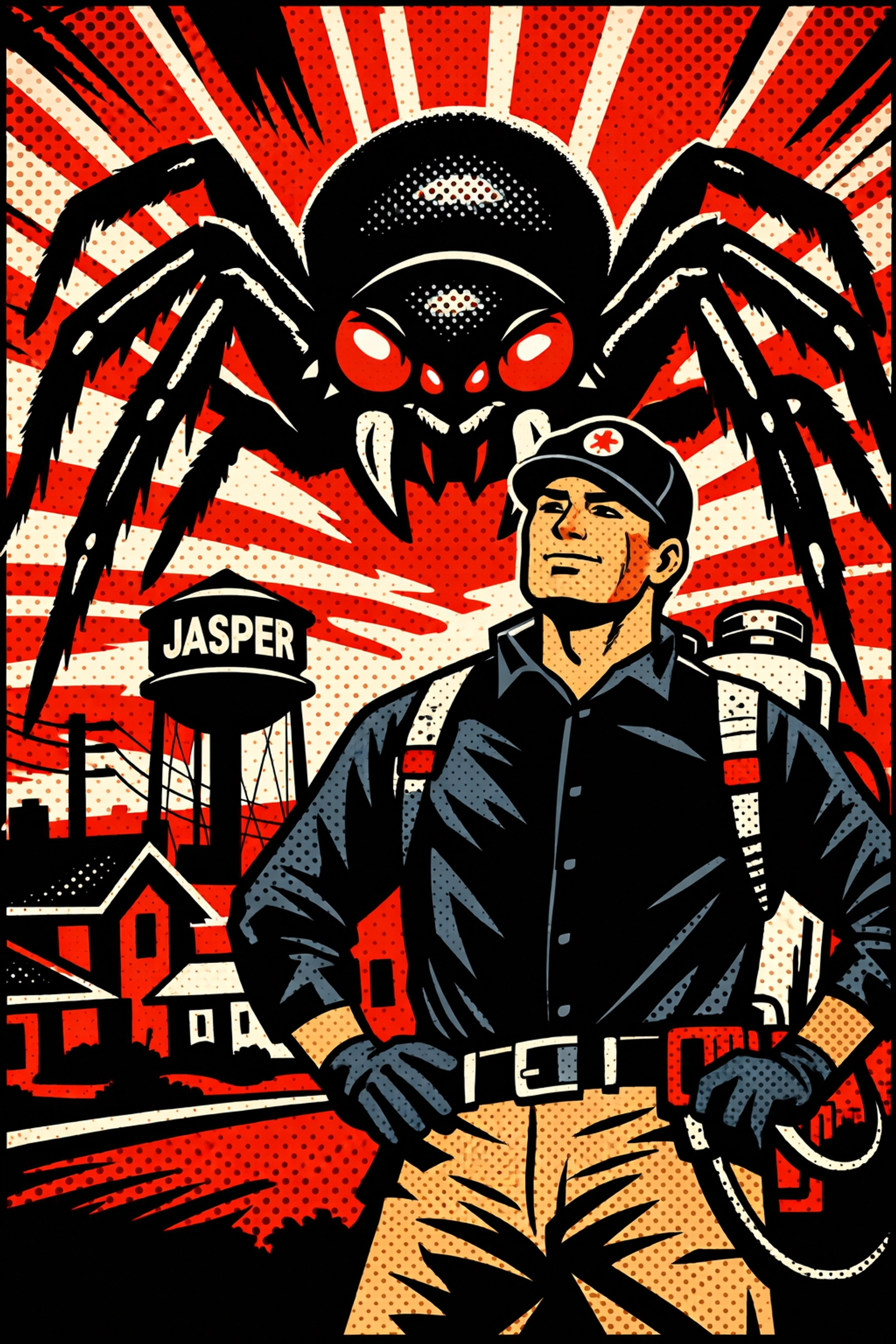 Local pest control technician in Jasper AL defending a neighborhood from a large spider.