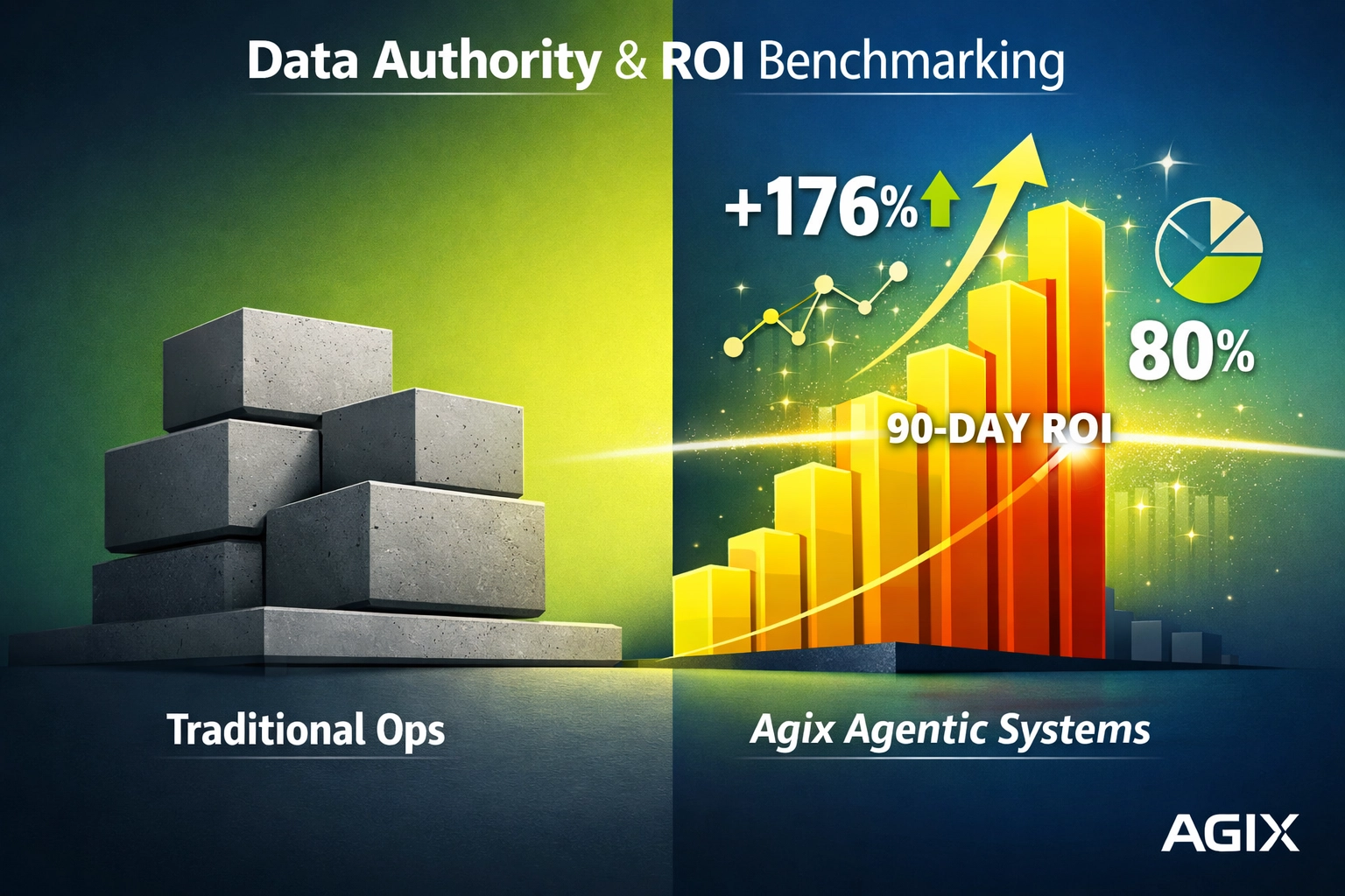Agix Technologies ROI chart comparing manual business operations vs agentic AI performance benchmarks.