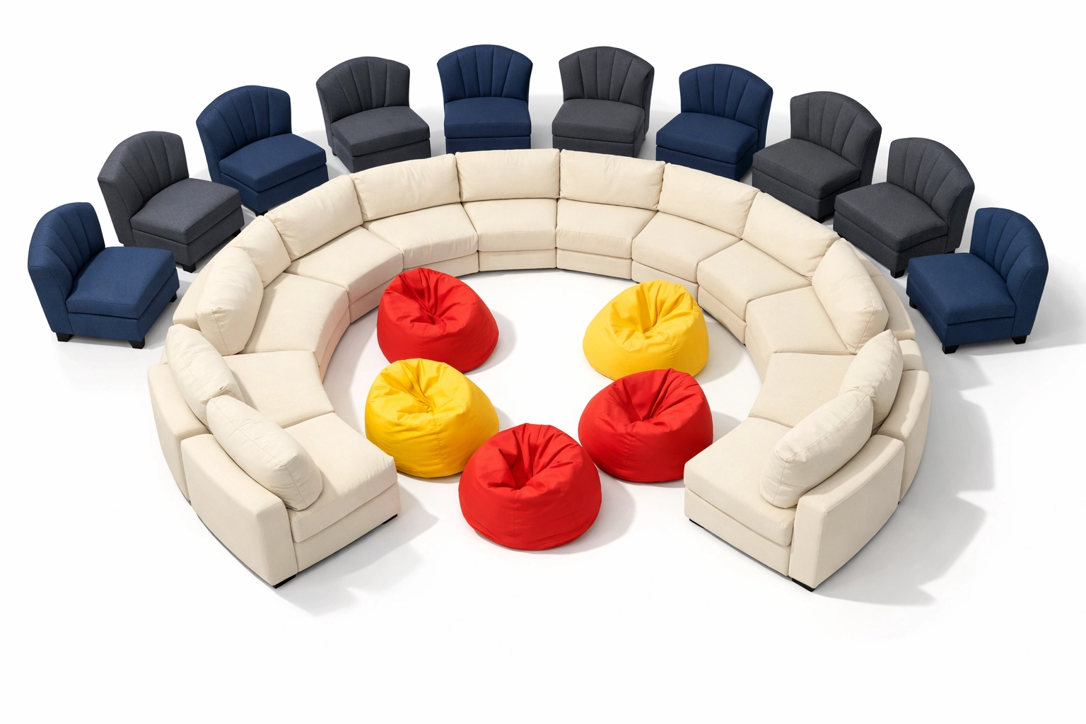 Fanback chairs and lounge furniture arranged for optimal viewing party seating