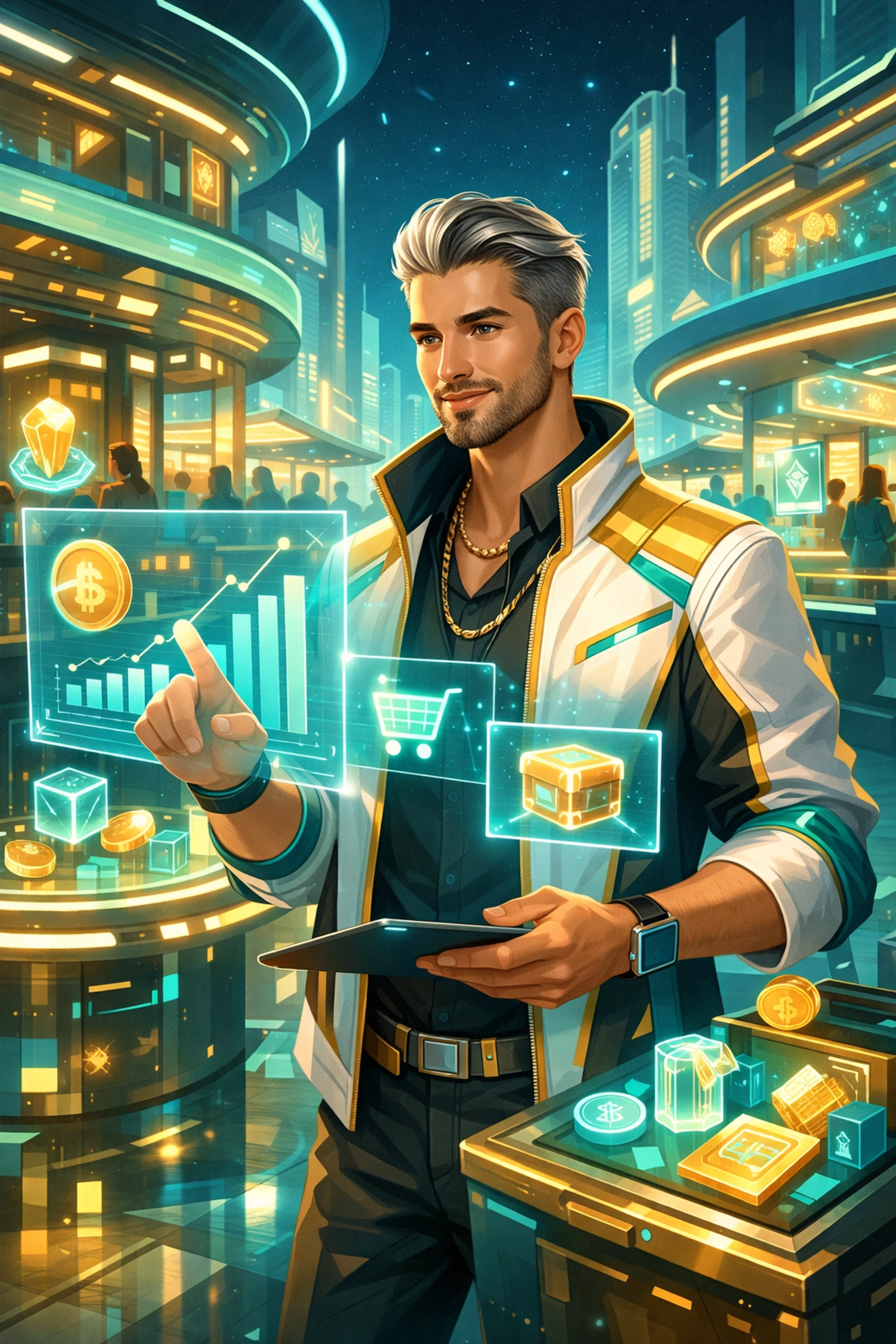 Metaverse merchant using advanced AI interfaces for seamless Larecoin and Solana crypto payment processing.