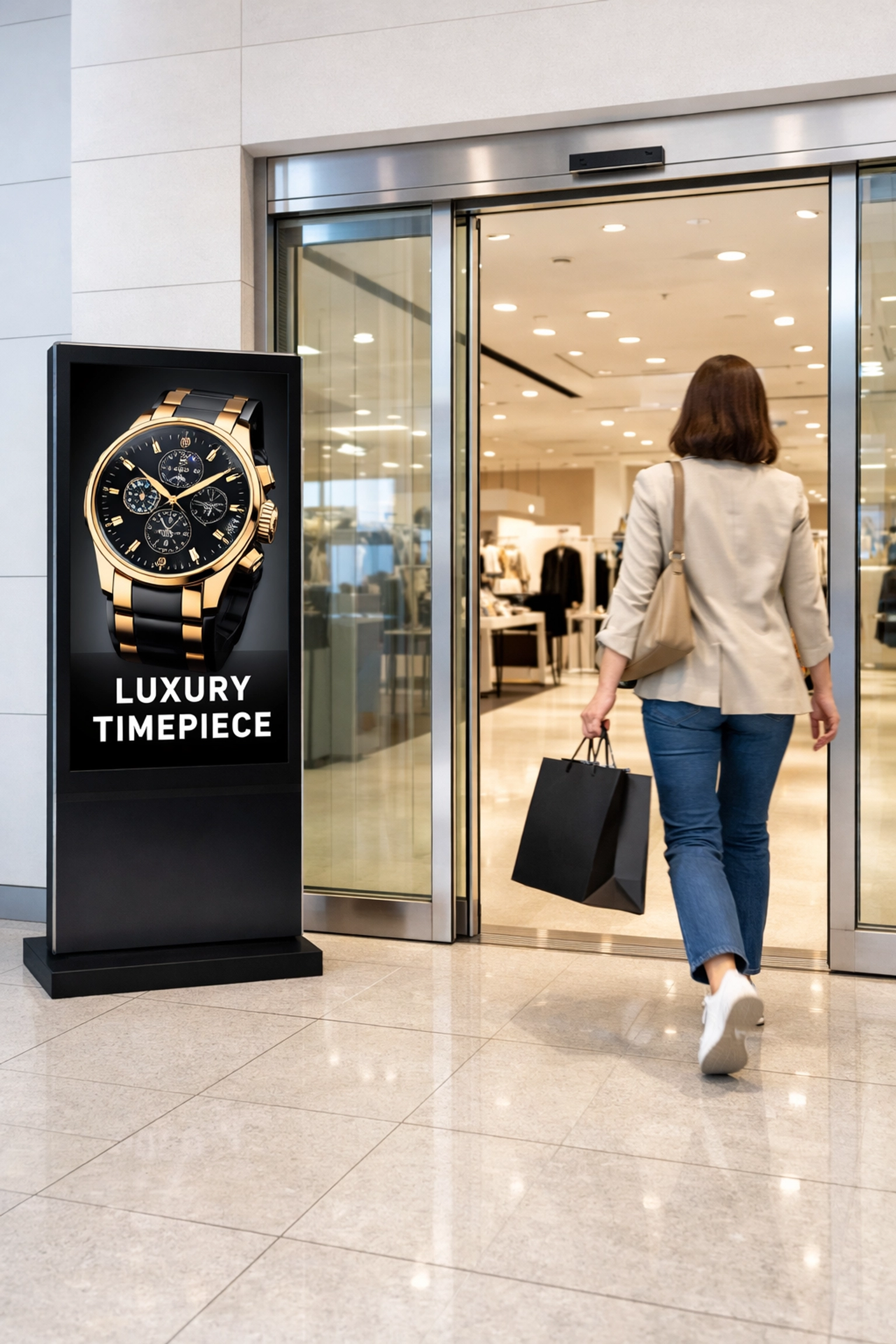 Digital signage at a retail entrance showcasing products and driving foot traffic attribution for brand campaigns.