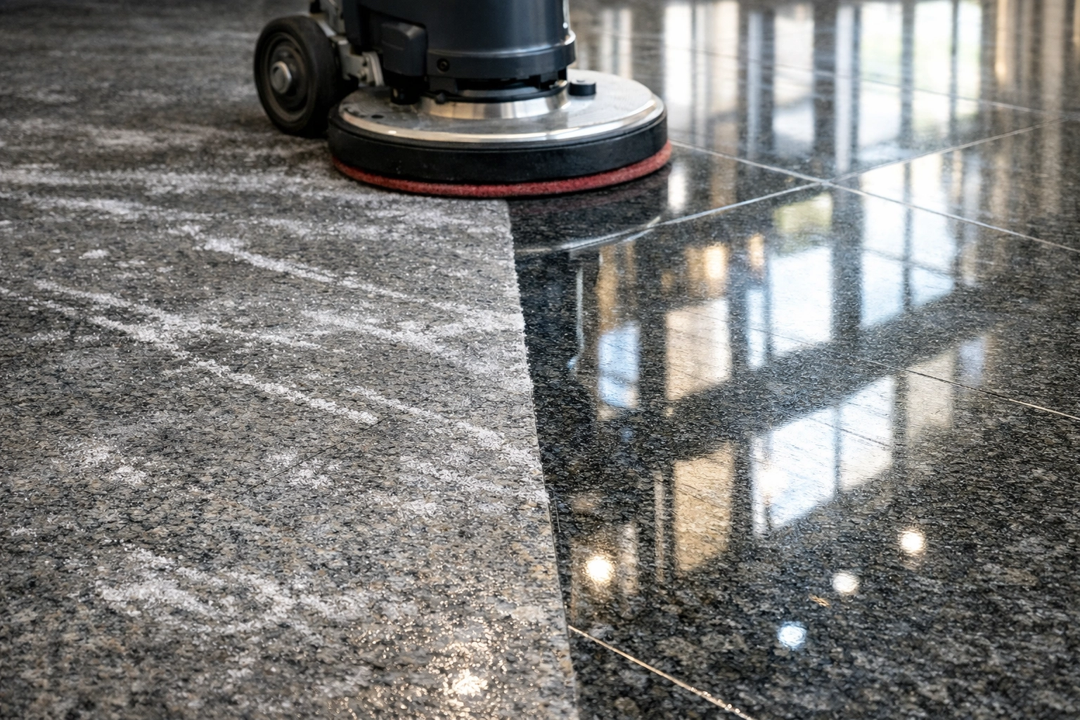 Deep cleaning restoration of a luxury commercial lobby floor showing grit removal and polished granite.