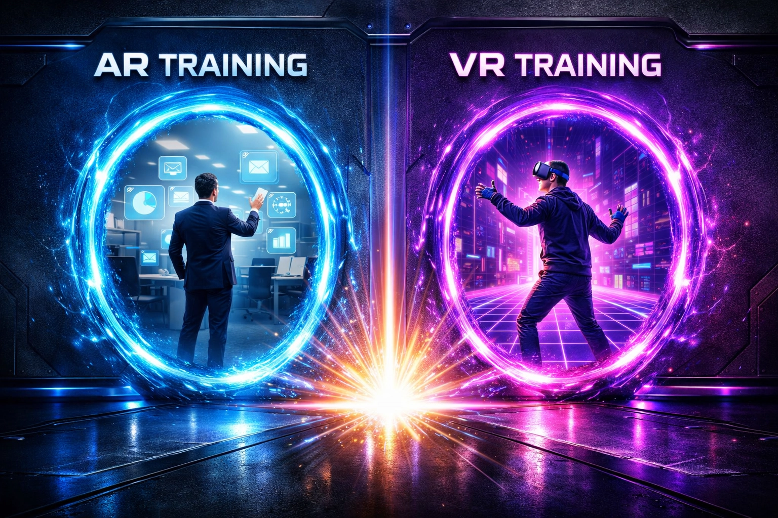 Visual comparison of augmented reality and virtual reality training paths for corporate teams.