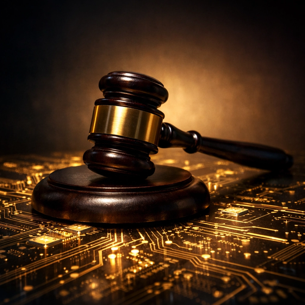 AI SIGNAL : Putting AI to Work 5 Legal gavel on a digital circuit background representing AI liability laws and consumer protection.
