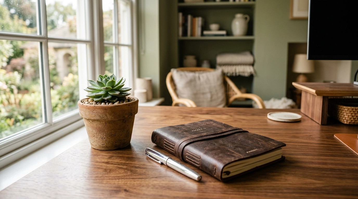Professional wooden desk with a leather-bound journal and a sleek silver pen in soft morning light