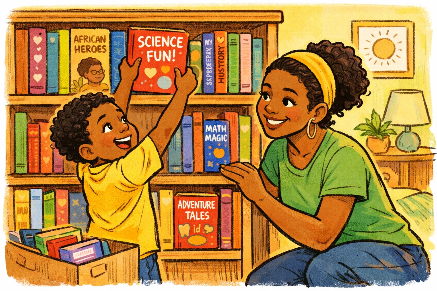 Mother and son building home library with books through CRC community program in St. Petersburg