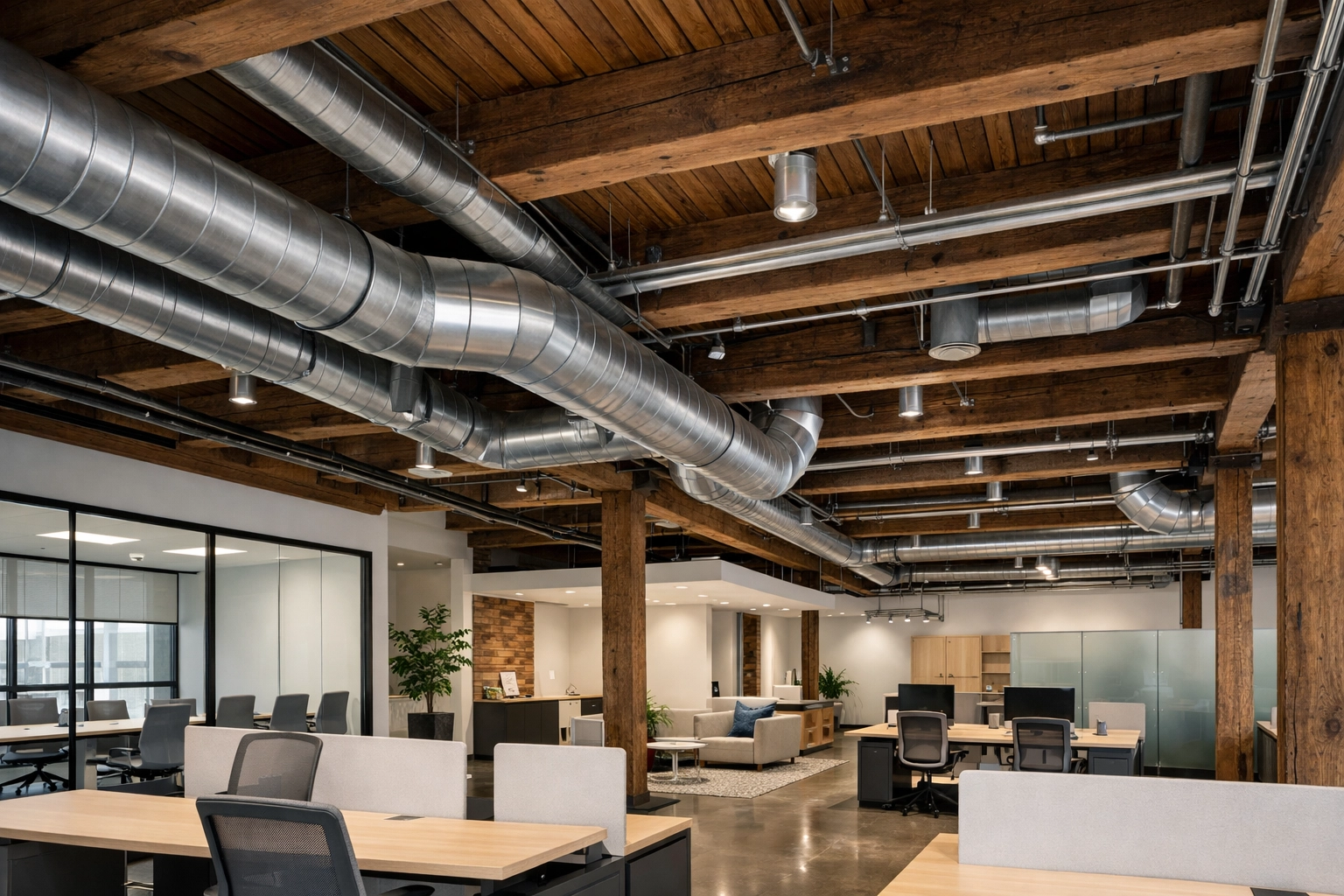 Dust-free exposed HVAC ductwork and historic wood ceilings following Worcester adaptive reuse commercial cleaning.