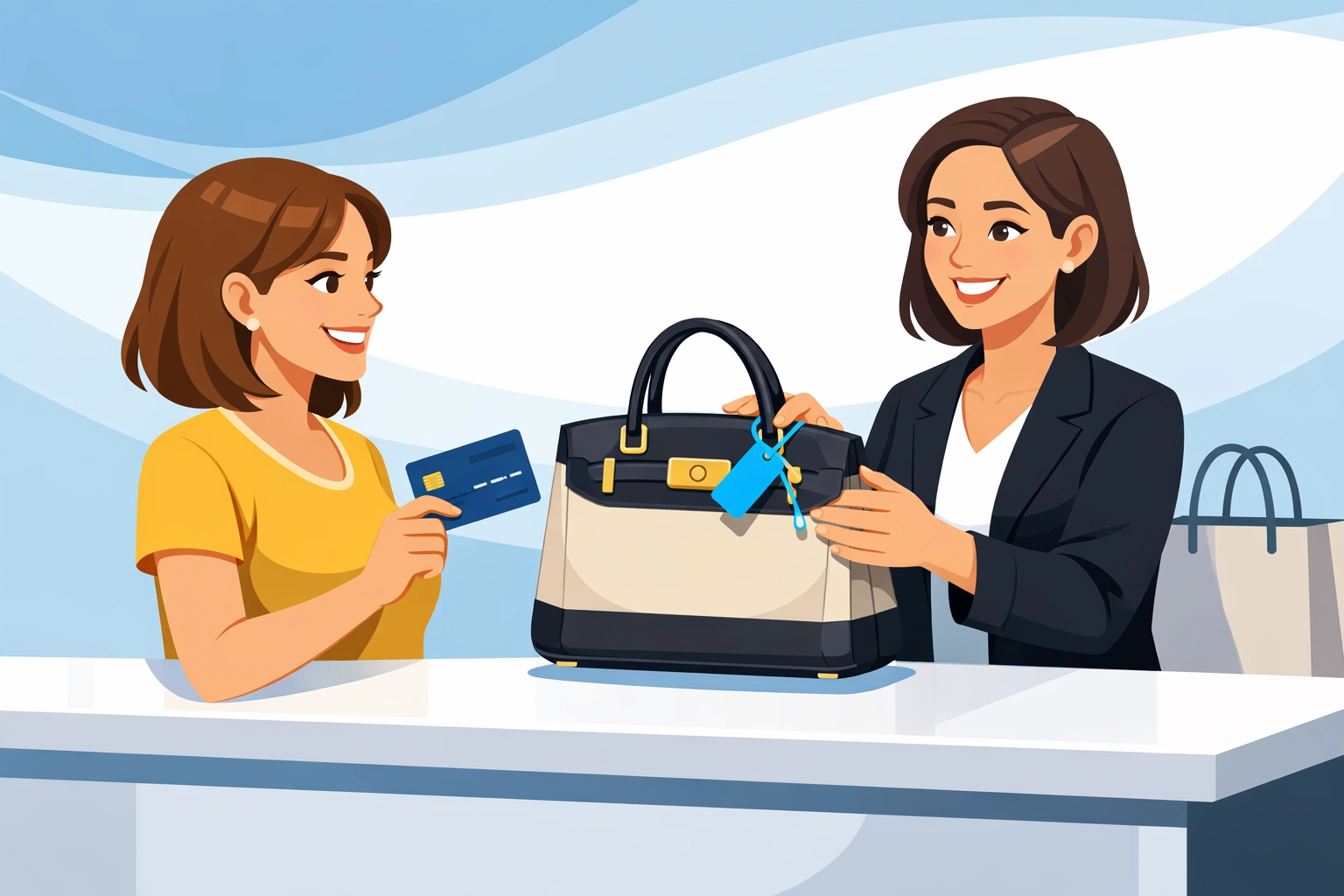 Store owner selling an authenticated luxury bag with a security seal to a confident buyer.