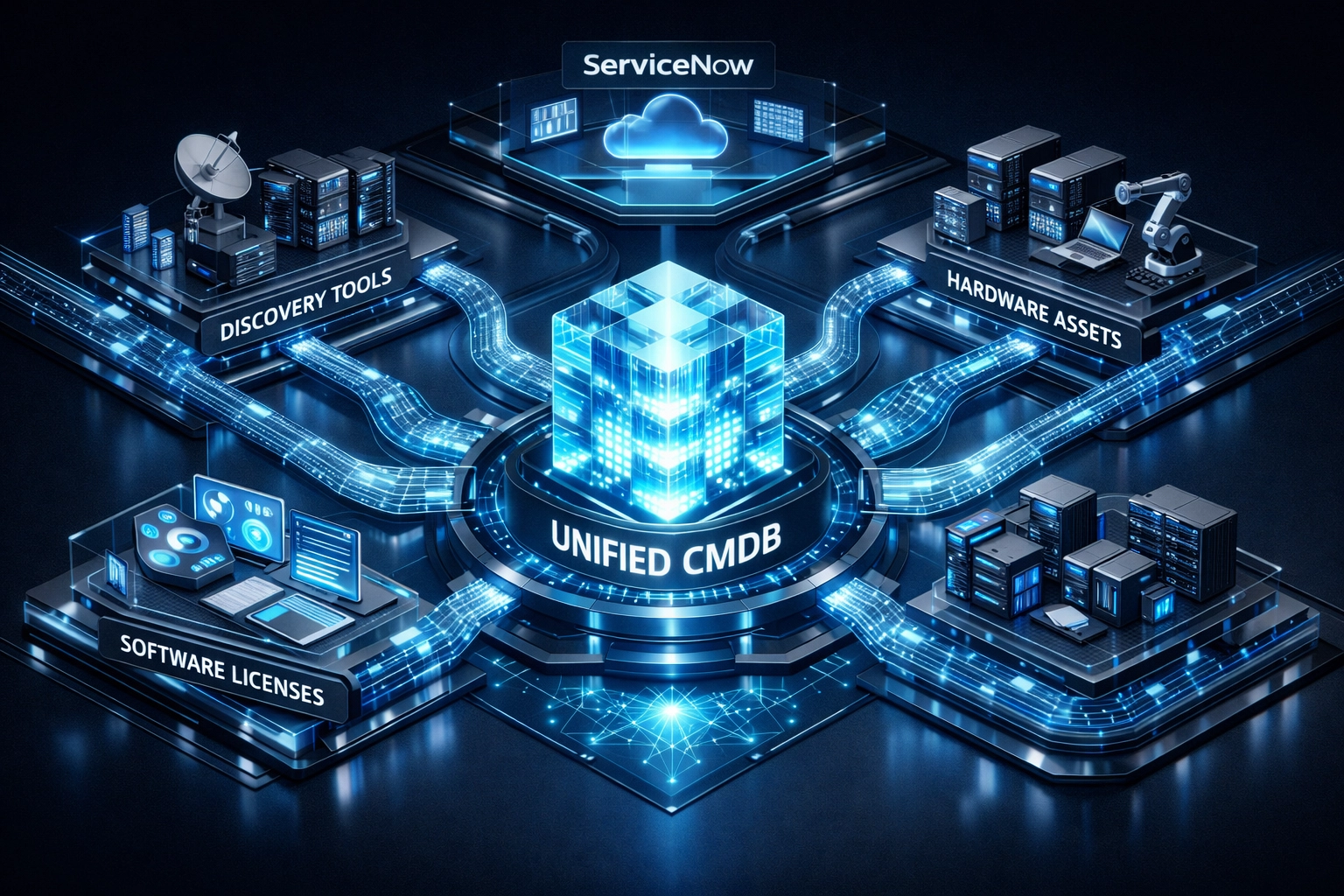 Unified CMDB architecture integrating ITOM and ITAM data sources for ServiceNow implementation