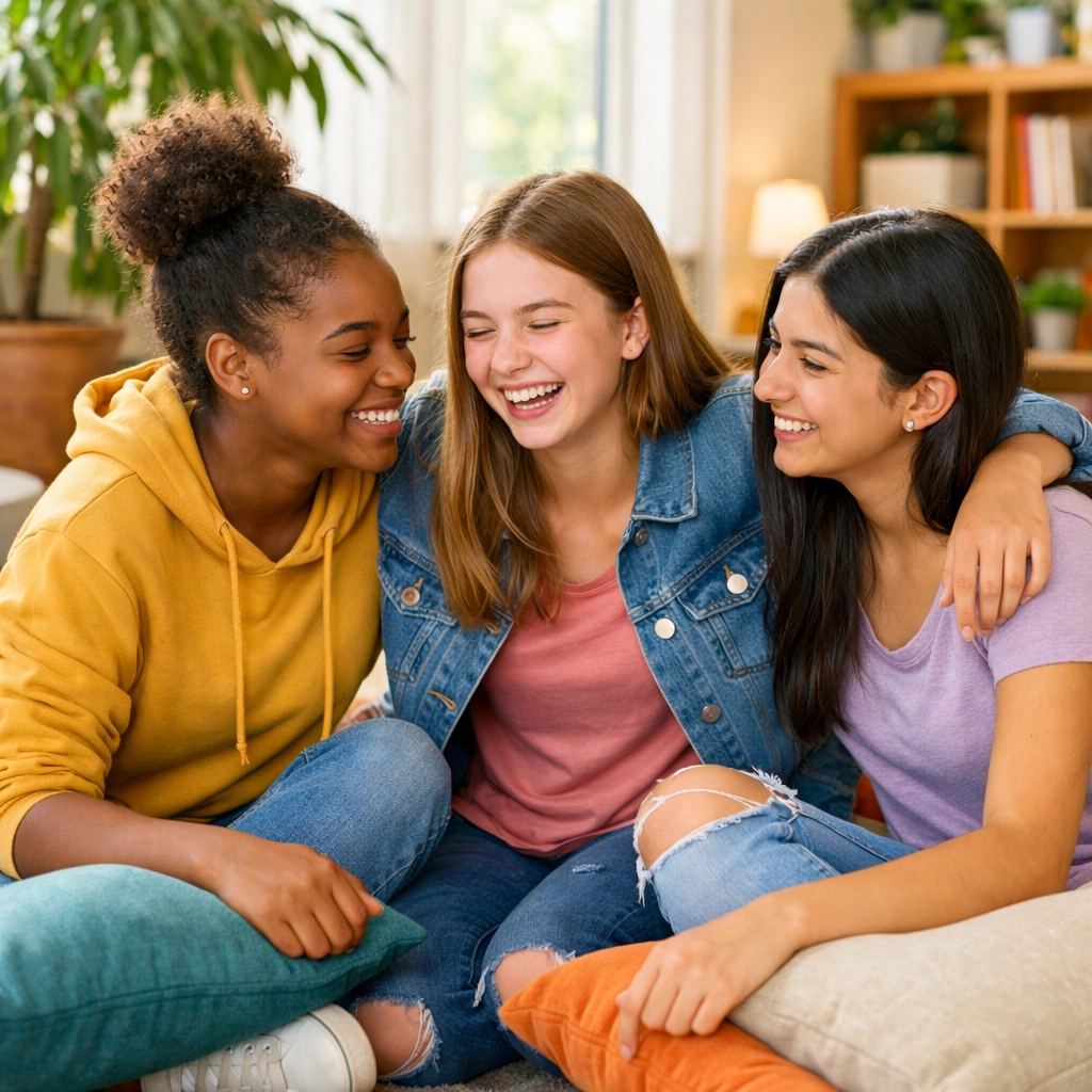 Group of teen girls experiencing peer support at a youth residential treatment center.