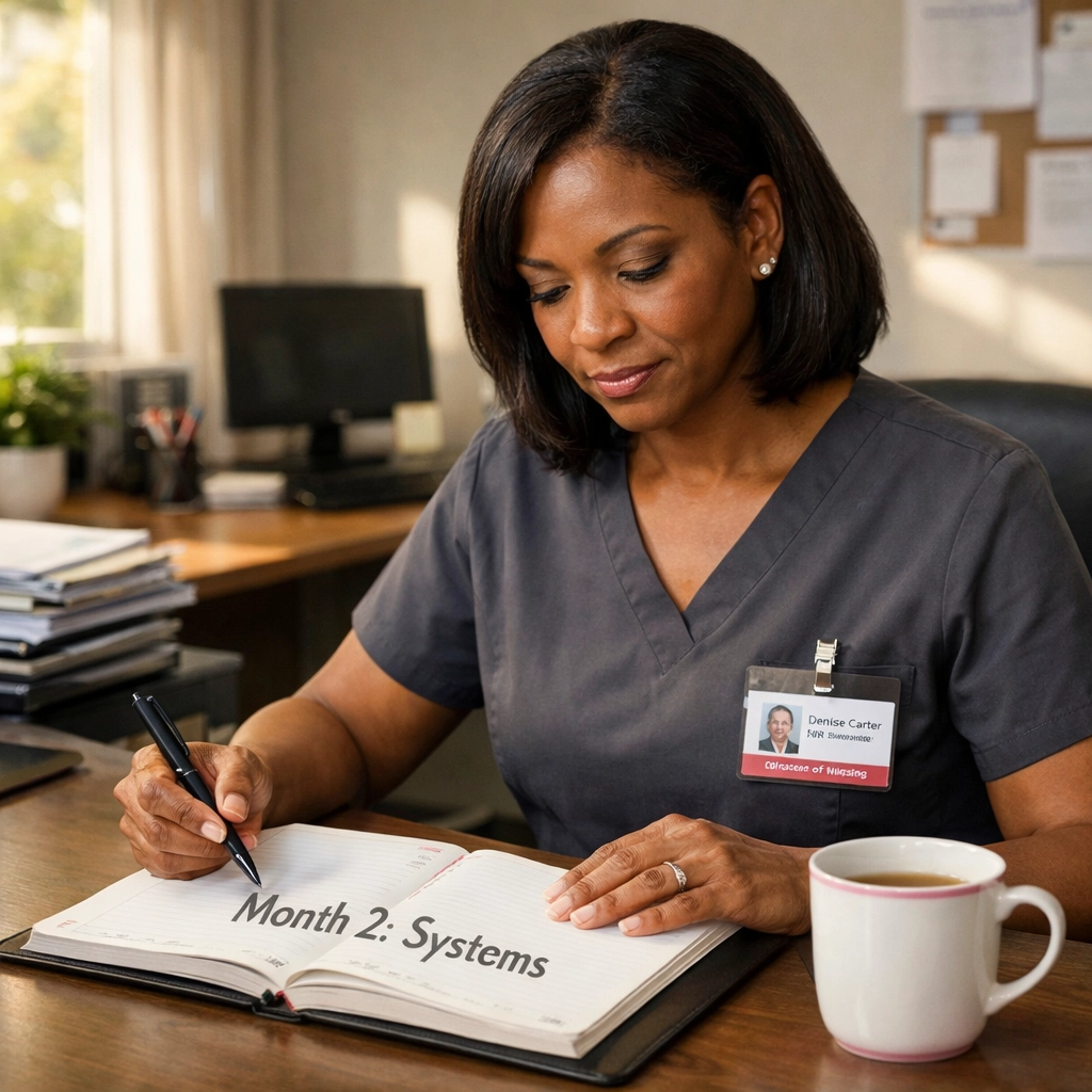 A Director of Nursing reviewing a 90-day clinical leadership framework in a clinical office.