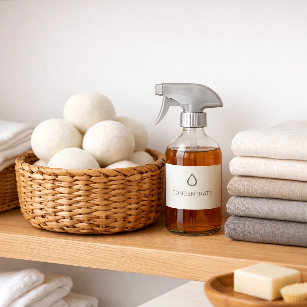 Sustainable laundry organization with natural wool dryer balls and a refillable glass cleaning spray bottle.