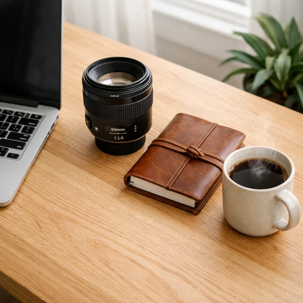 The Ultimate Guide to Proshoot.io: Everything You Need to Succeed in 2026 3 Organized photographer workspace with a laptop and camera lens for managing a professional career.
