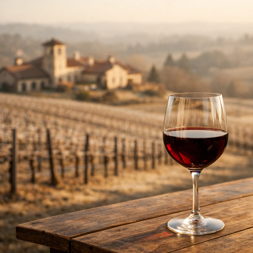 Wine glass overlooking vineyard at Chateau Elan Winery near Braselton Georgia