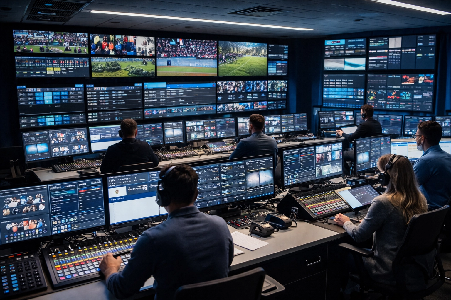 Broadcast control room with technicians monitoring live sports, streaming, and analytics, showing operational excellence in media consulting.