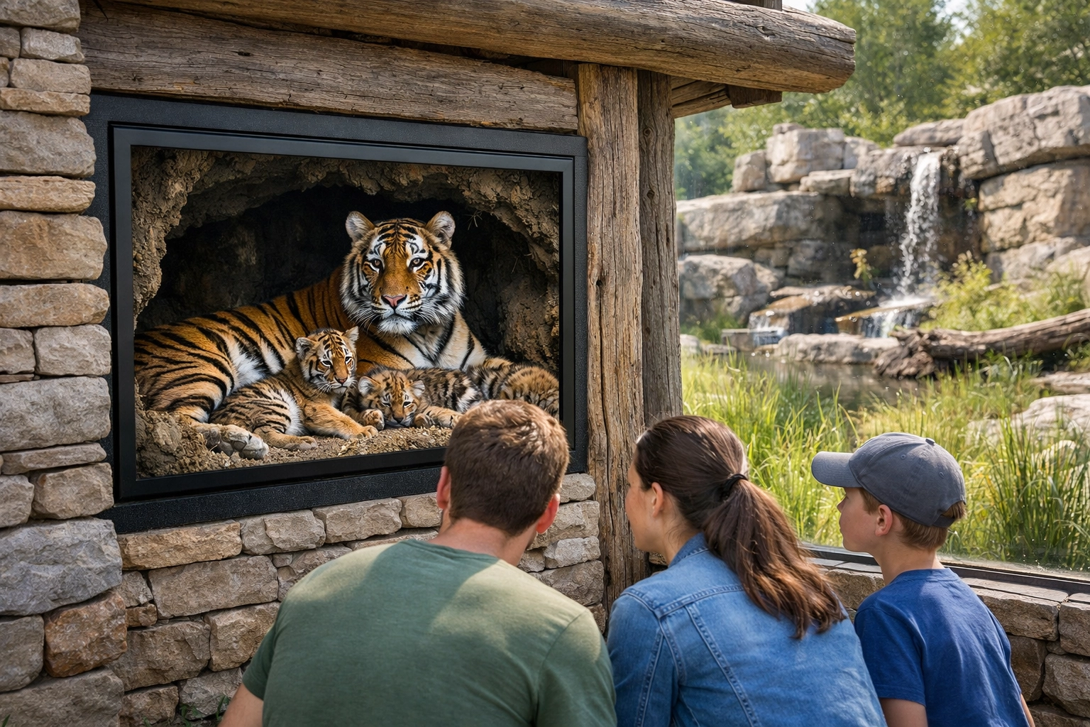Interactive digital signage at a zoo exhibit providing a live feed of hidden animals to enhance visitor experience.