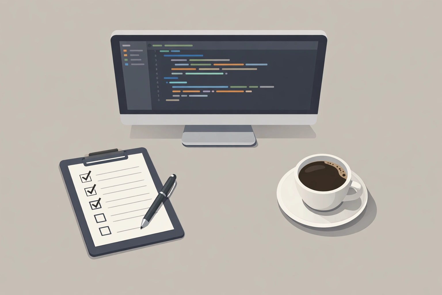 Developer workspace with accessibility maintenance checklist and monitoring tasks
