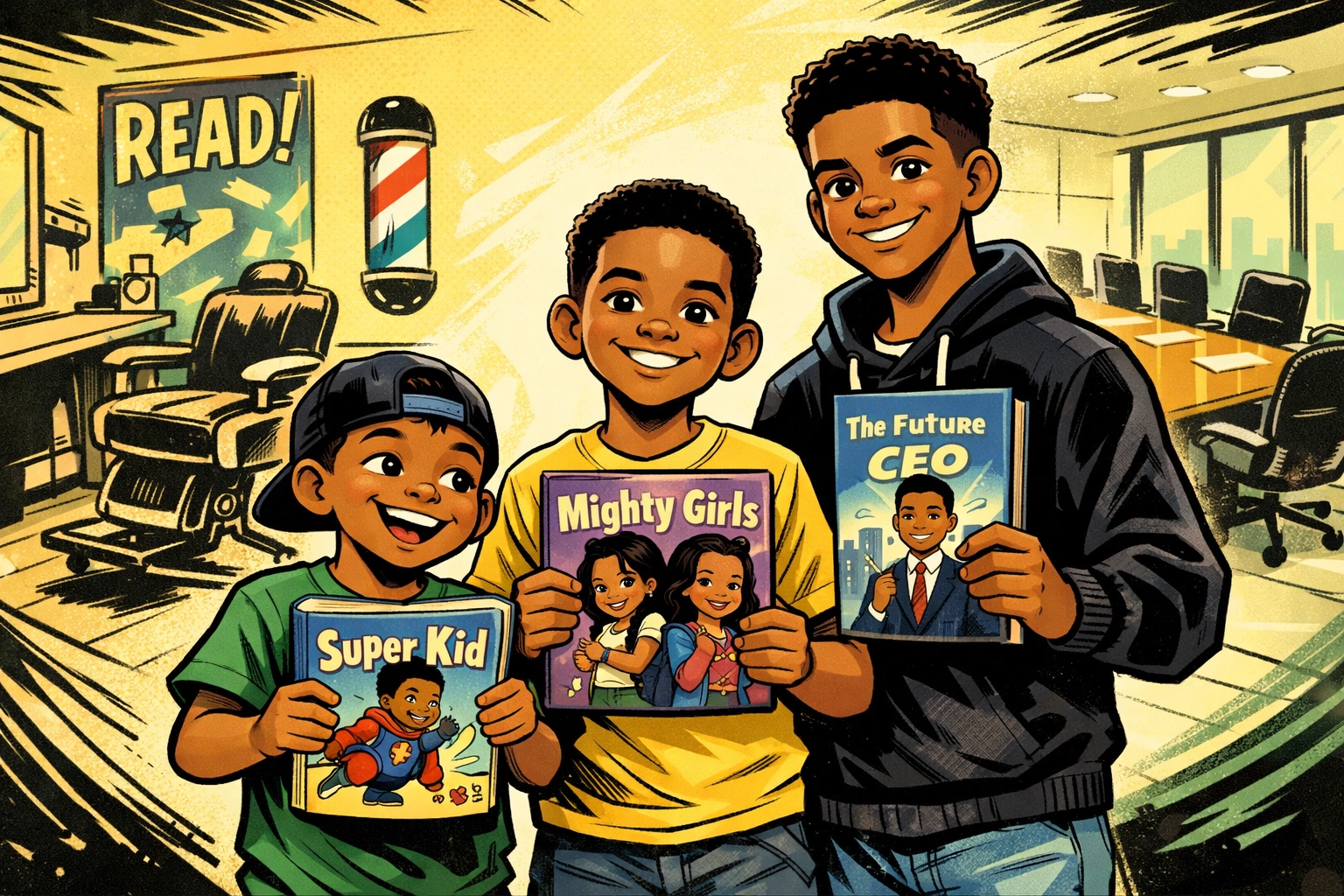 Boys holding books in FROM THE BARBERSHOP TO THE BOARDROOM program showing literacy pathway