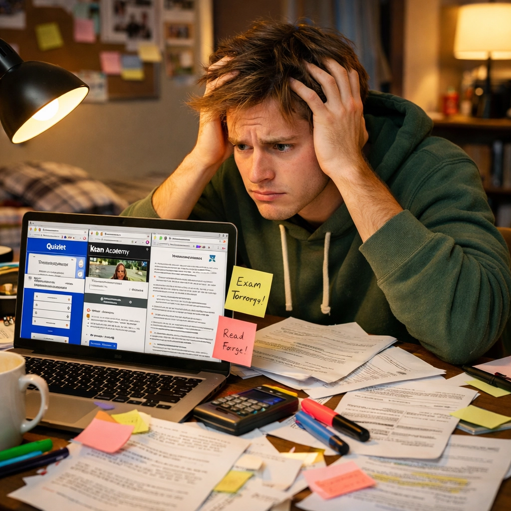 Student overwhelmed by disorganized free CLEP study materials at messy desk (1x1, center safe zone)