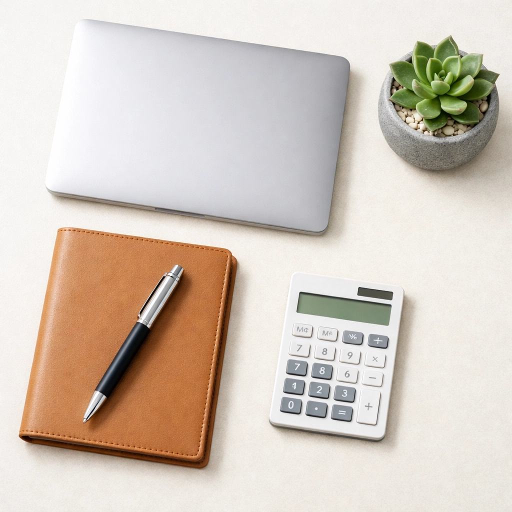 Organized desk with a laptop and calculator for financial planning and online loan management.