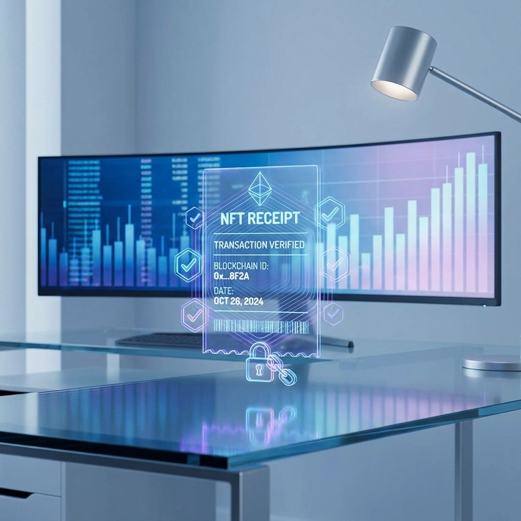 Futuristic office scene depicting a glowing NFT receipt, highlighting blockchain-based accounting and transparency for crypto payments.