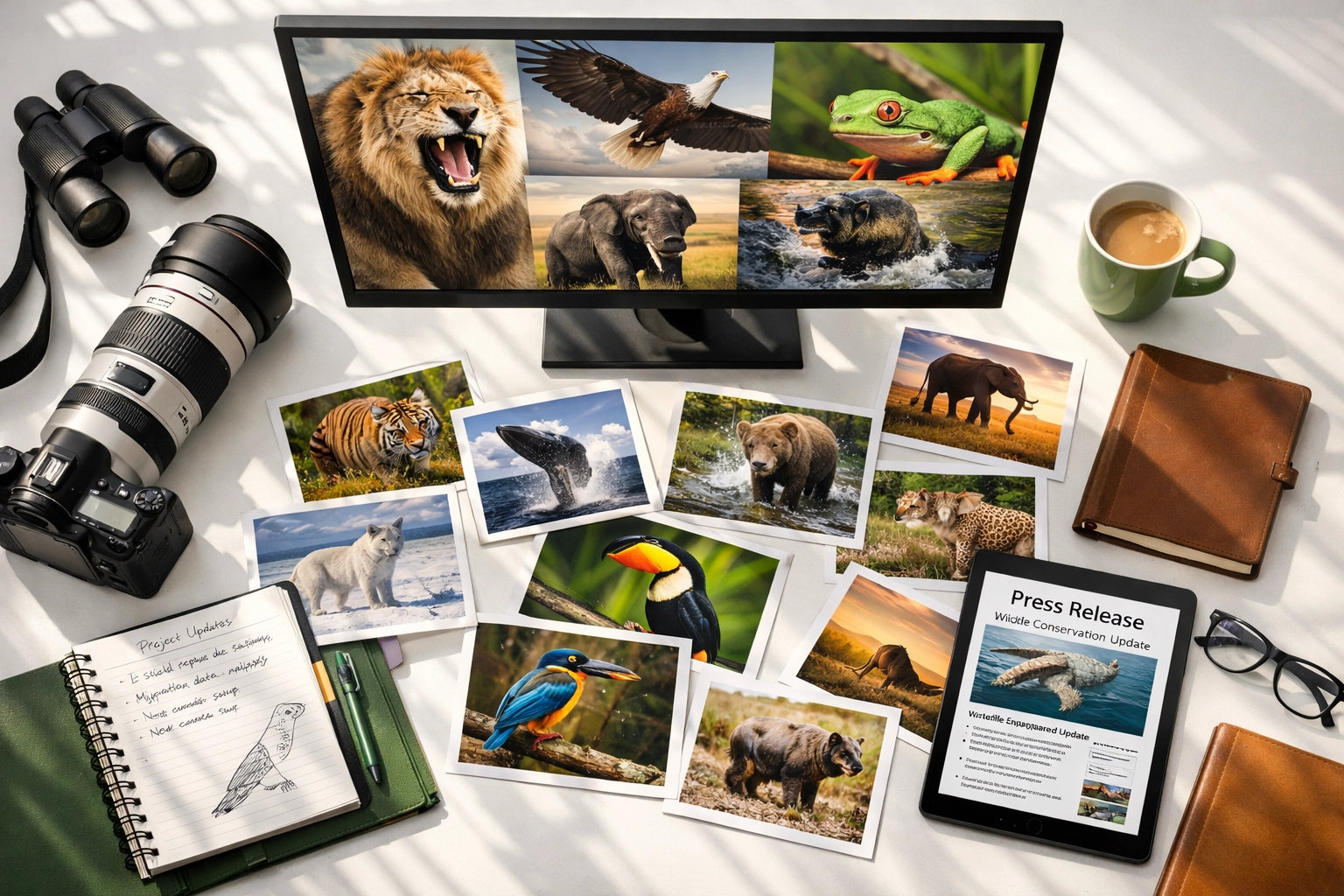 Conservation workspace with professional camera and wildlife photography prints