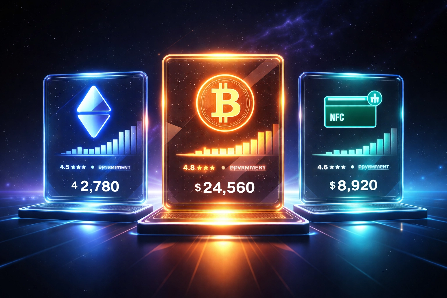 Futuristic crypto POS systems dashboard comparing Larecoin, NOWPayments, and CoinPayments features and fees