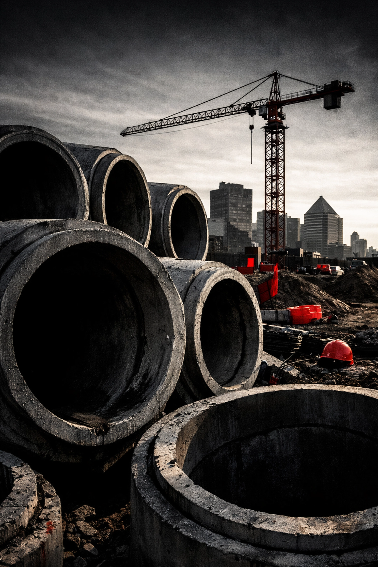Large concrete wastewater pipes at a Regina construction site for city expansion.