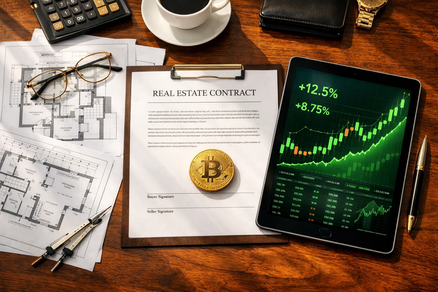 Investment desk with Bitcoin charts and real estate blueprints for portfolio planning