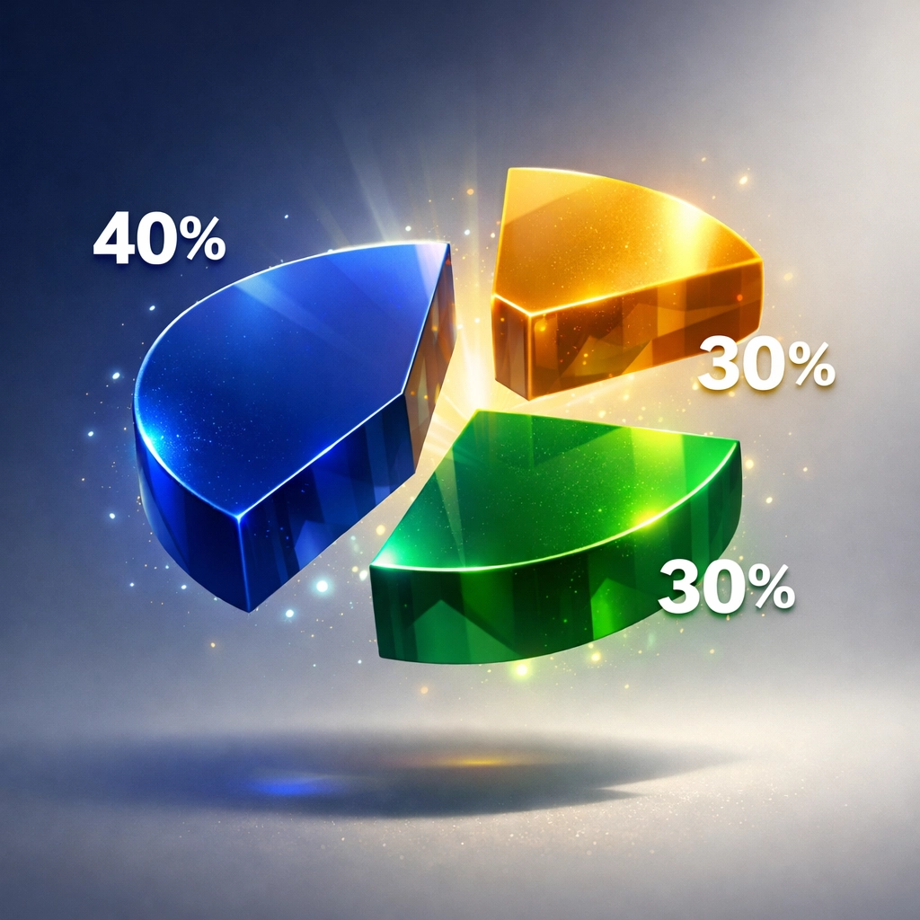 40/30/30 portfolio diversification model showing three-segment asset allocation framework