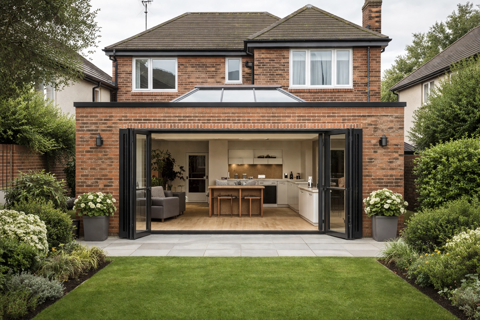 Completed single-storey rear extension on a Chigwell home with bi-fold doors and skylight