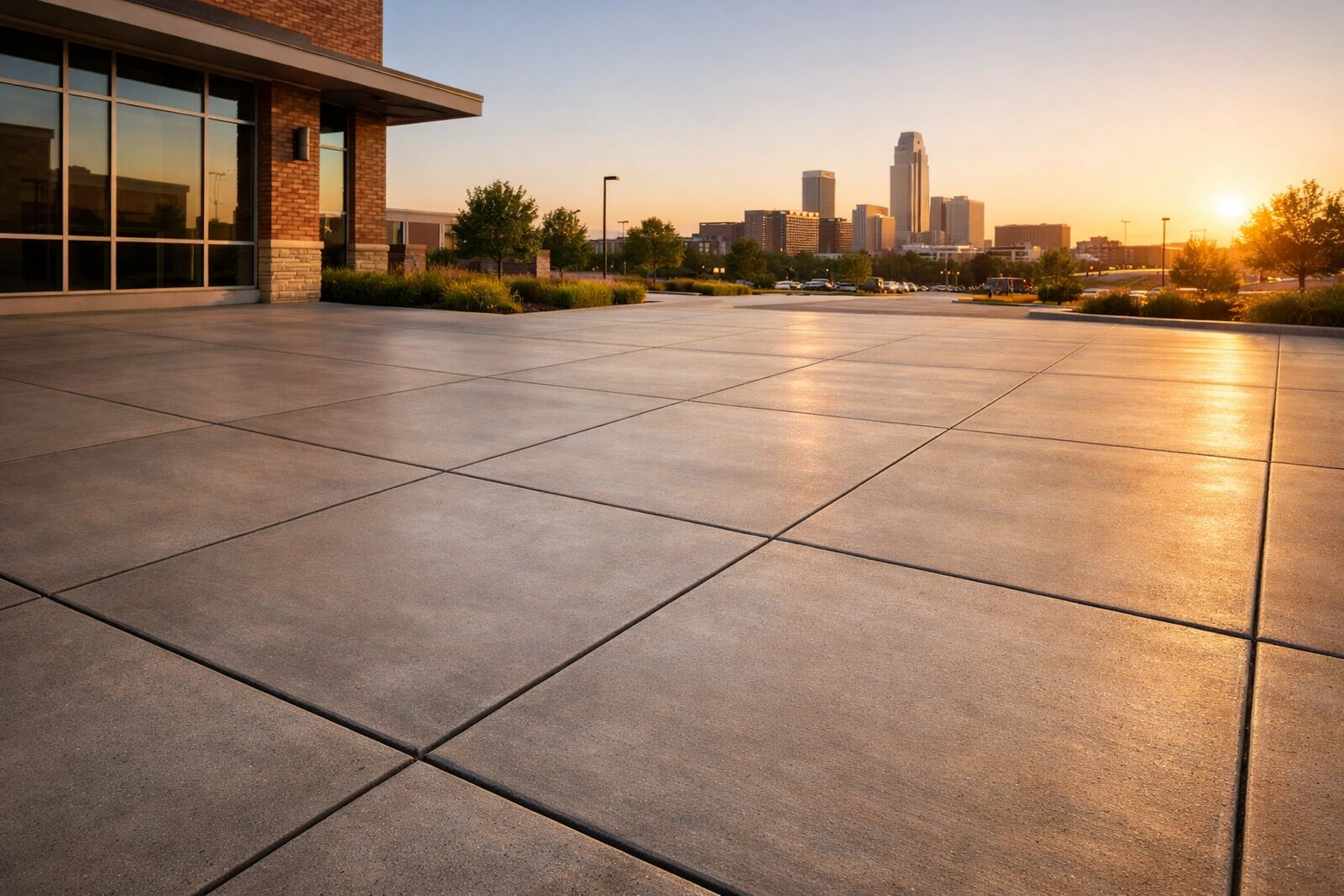 Professional commercial concrete contractor work in Omaha showing a perfectly finished entrance and durable sidewalk.