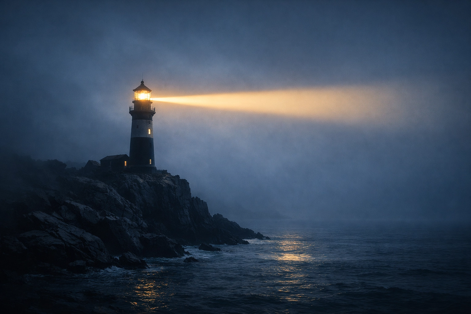 A lighthouse beam cutting through thick fog, representing the guidance of a Christ-centered lens in a confusing world.