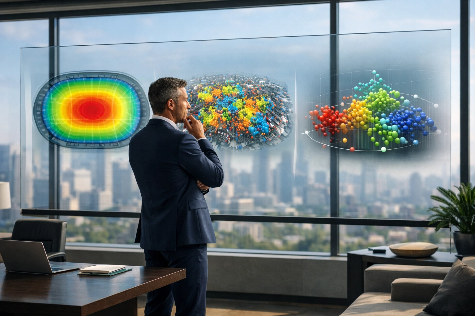 Sports marketing executive analyzing audience intelligence data visualizations to improve advertising ROI.