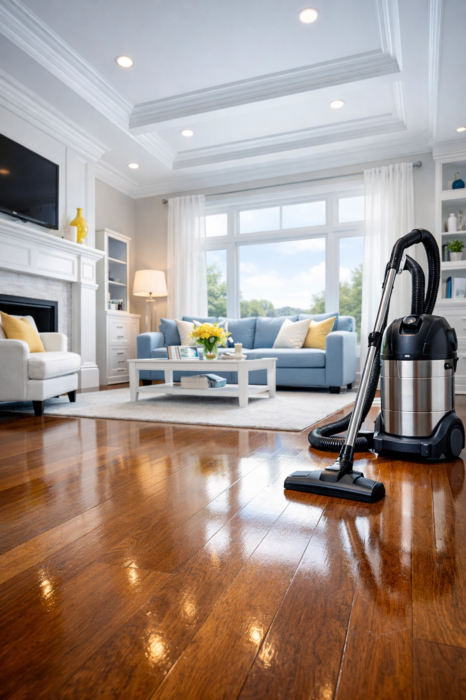 Professional vacuum cleaner on polished hardwood floors in a spacious living room for house cleaning Lowell MA.