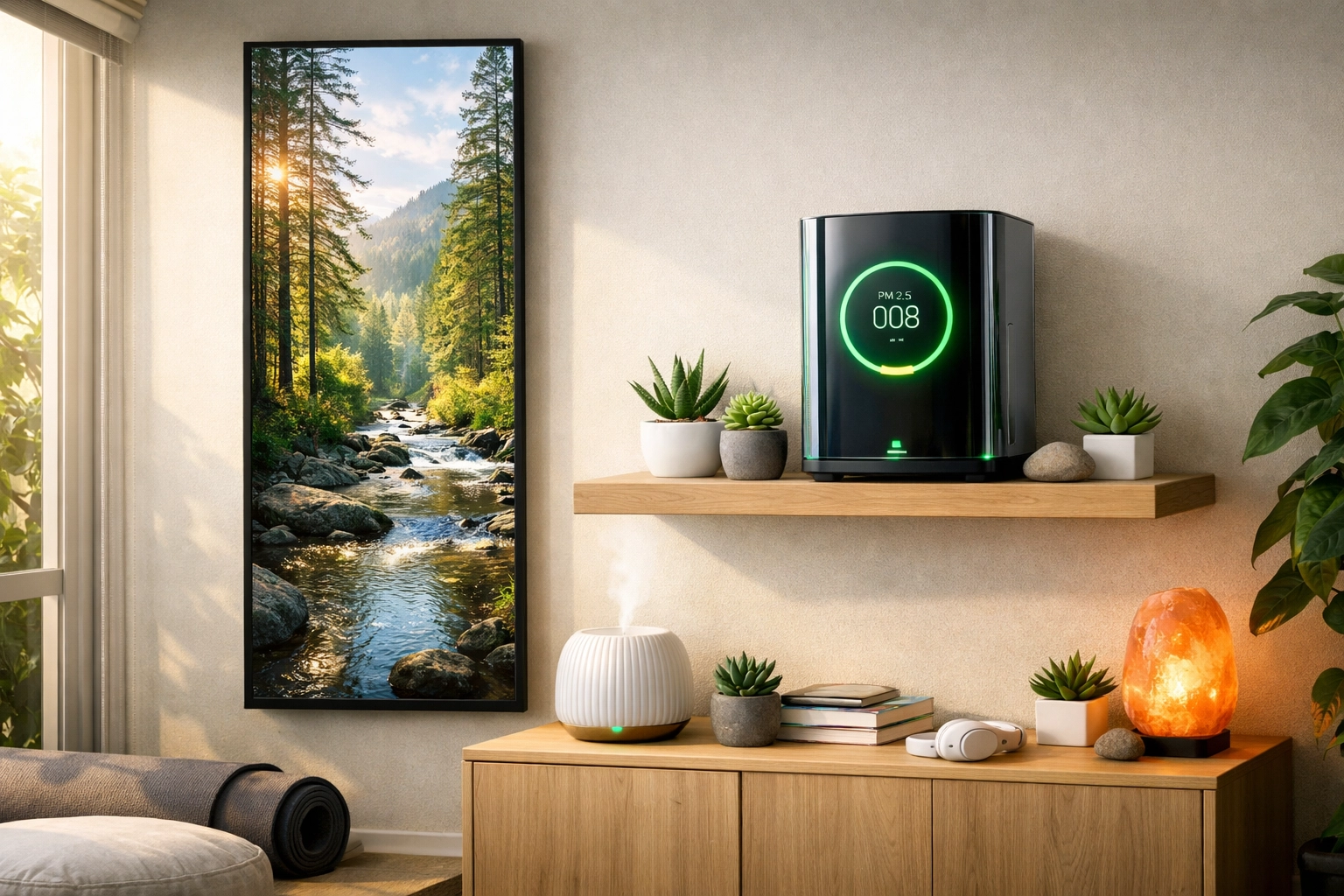 Small studio wellness corner with a digital window, air purifier, and plants for better air quality.