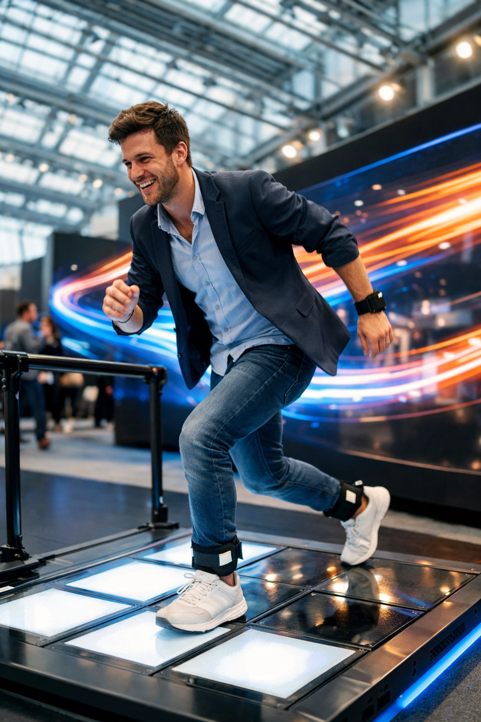 Young professional using immersive motion-tracking technology for Super Bowl 2026 fan engagement.