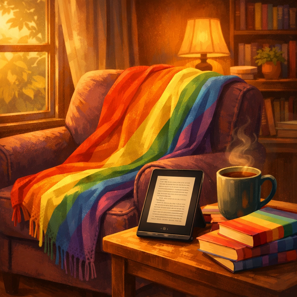 Cozy reading nook with rainbow pride blanket and LGBTQ+ romance books