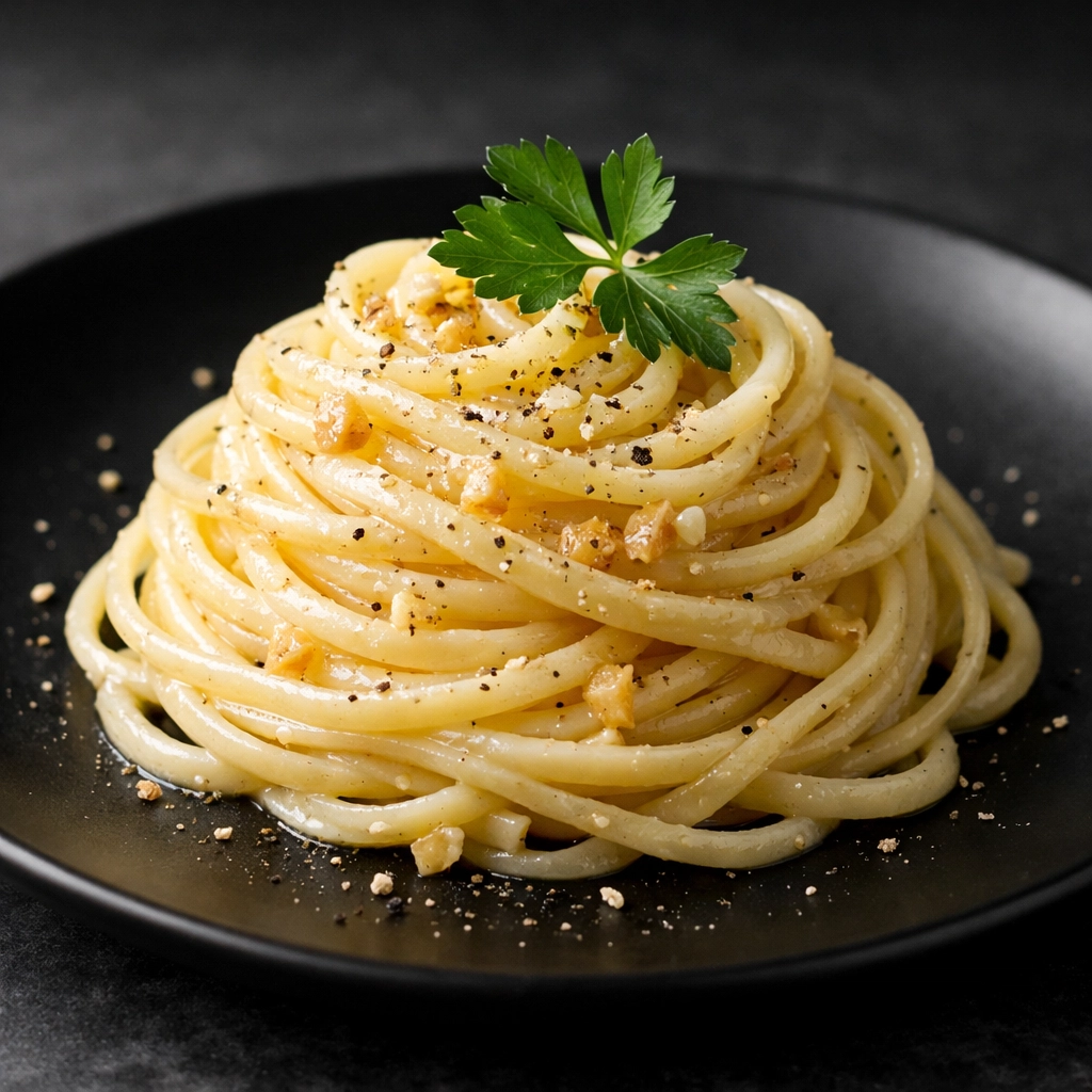 Simple 5-ingredient creamy garlic pasta garnished with fresh parsley and black pepper.