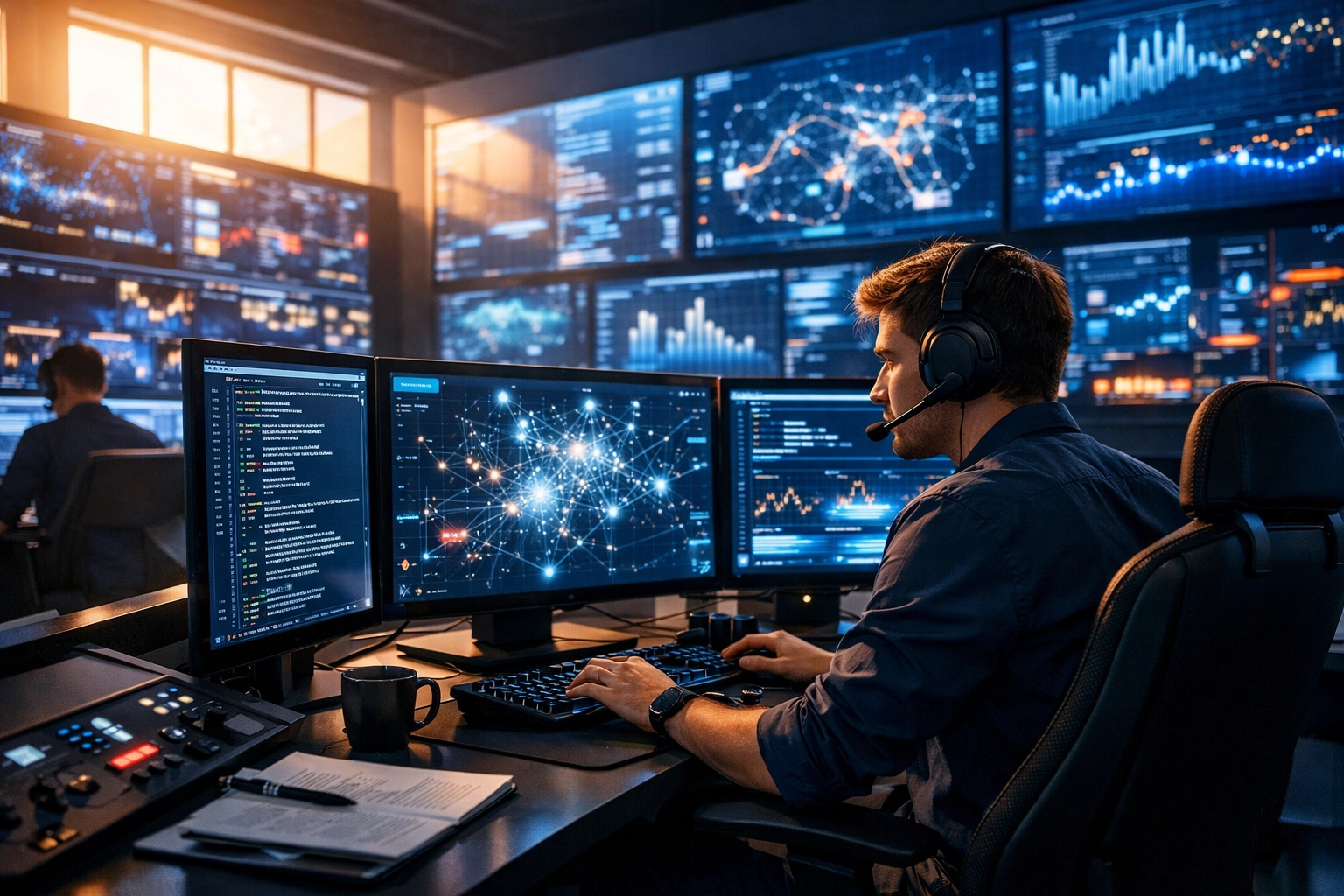 Professional analyzing data in a command center focused on AI literacy and workforce infrastructure rollouts.