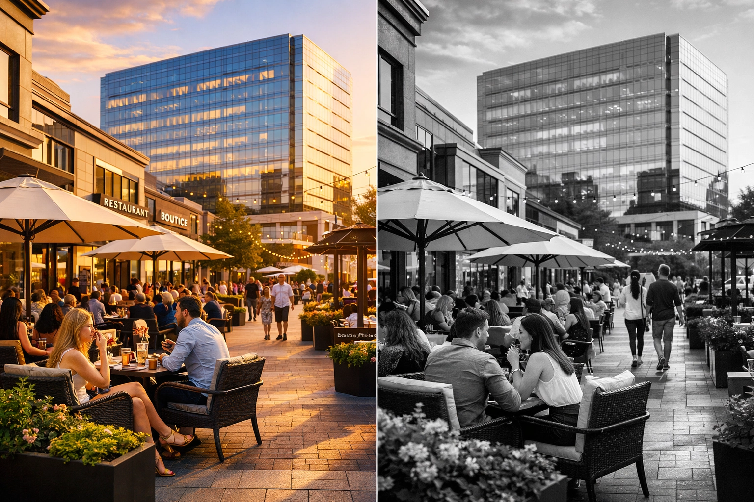 Vibrant outdoor dining and corporate plaza in Ballantyne, highlighting the Charlotte NC live-work-play lifestyle.